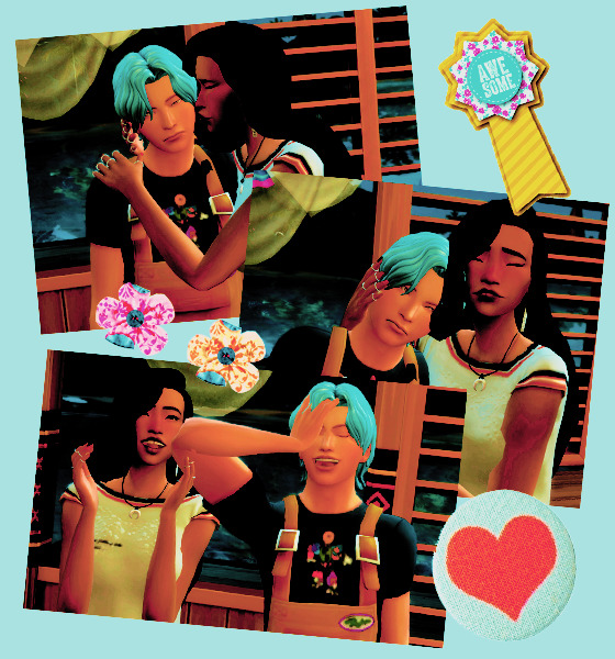 collage of photos. the first one is of a sim named sela kissing her son, denki, on the cheek. denki looks annoyed. the second is a photo o sela placing denki's head on her shoulder, again he looksa annoyed. the last photo is of sela and denki laughing together.