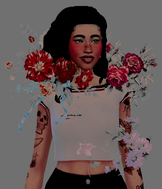 a photo edit of a sim named ammie, she had flowers around her face