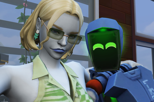two sims, one is a human and the other is servo robot. they're talking a selfie