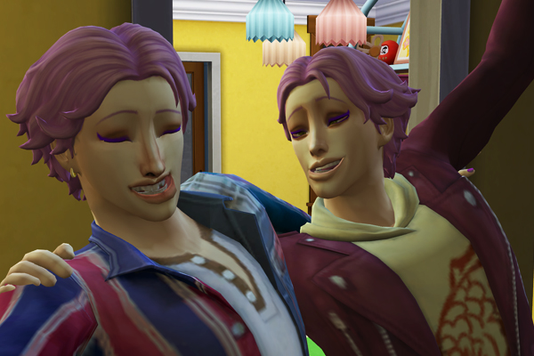two of the same sim making silly faces for a selfie